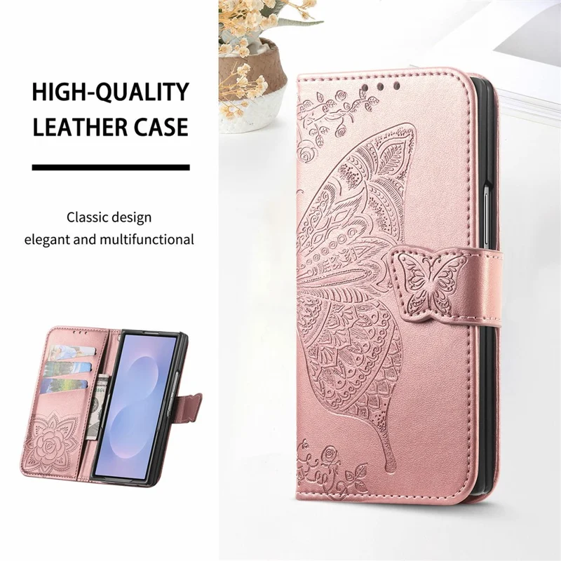 For Samsung Galaxy Z Fold8 Ultra Case with Strap Butterfly Pattern PU Leather Wallet Phone Cover - Rose Gold