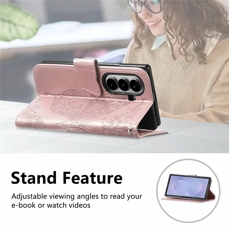 For Samsung Galaxy Z Fold8 Ultra Case with Strap Butterfly Pattern PU Leather Wallet Phone Cover - Rose Gold