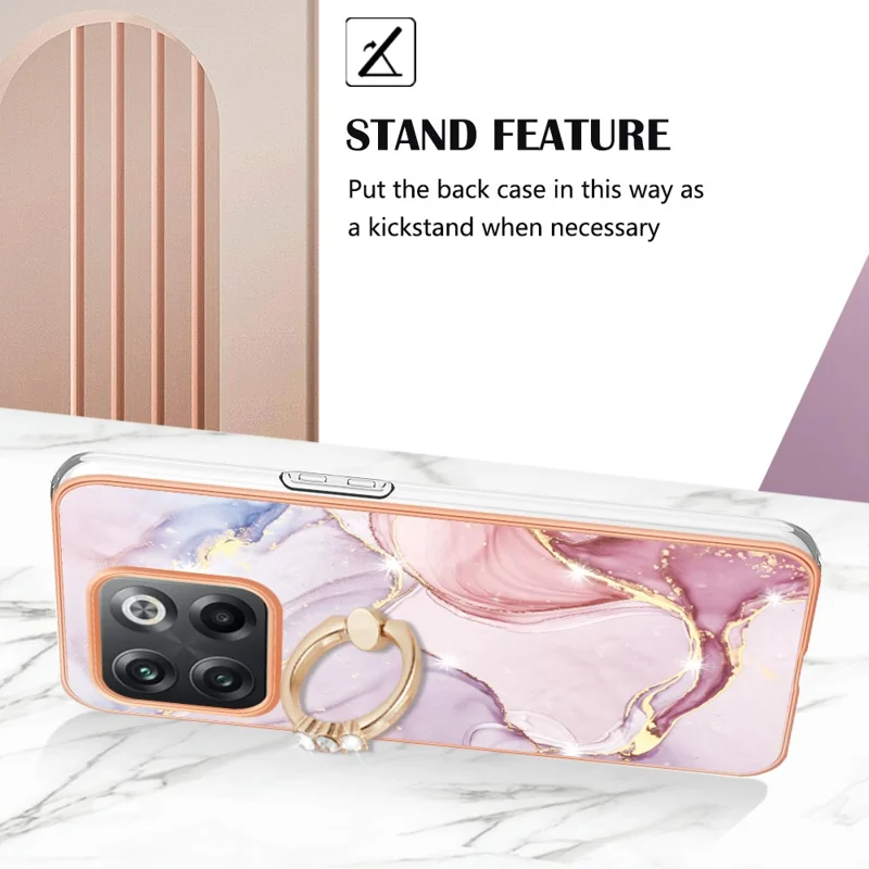 Obudowa na OnePlus 10T 5G / Ace Pro 5G z pierścieniem podpierającym i marmurowym wzorem, powłoka elektrolityczna, tylna pokrywa z TPU - różowe złoto 005