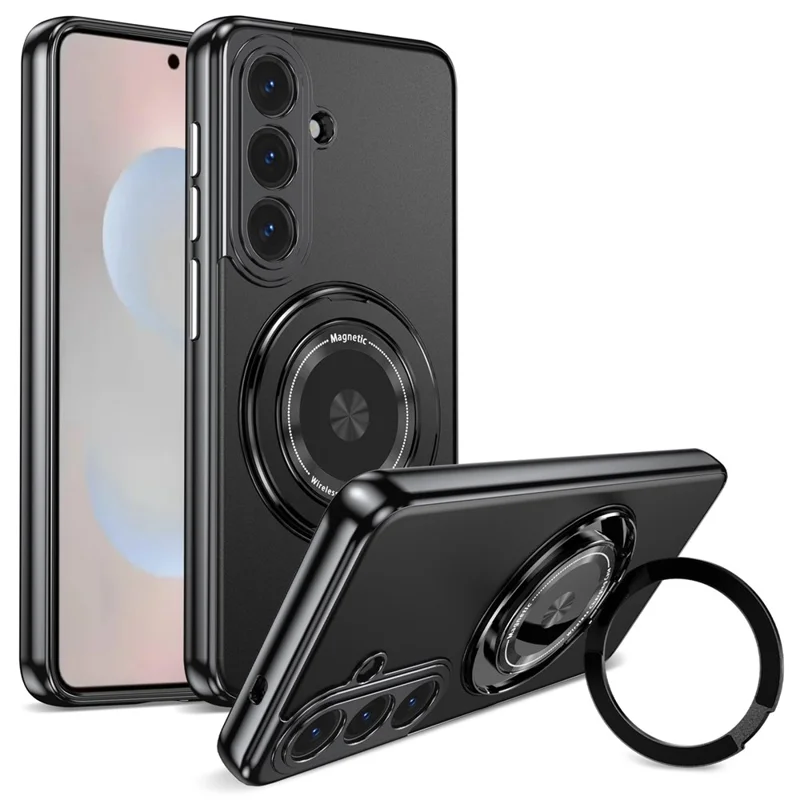 For Samsung Galaxy S26+ Magnetic Case 360° Rotating Ring Kickstand PC + TPU Phone Cover - Black