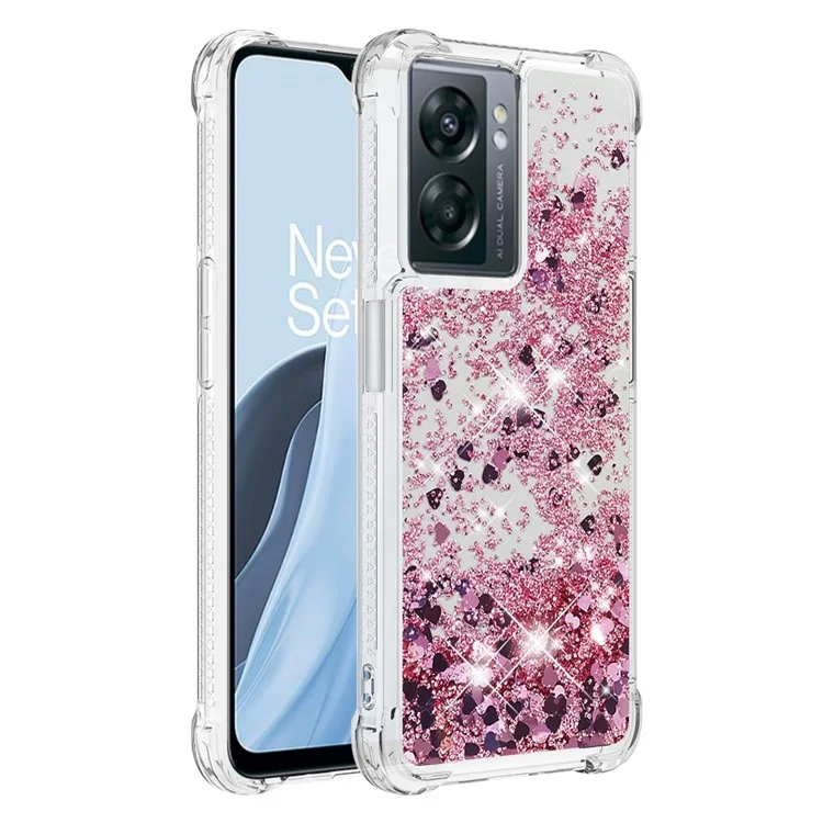 YB Quicksand Series-1 para OnePlus Nord N300 5G / Oppo A57 (2022) 5G / A77 5G / Realme Q5i / Narzo 50 5G / V23 5G Capa de Telefone com Flutuação de Glitter Quicksand Capa Macia de TPU - Ouro Rosa / Corações