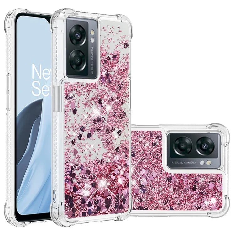 YB Quicksand Series-1 para OnePlus Nord N300 5G / Oppo A57 (2022) 5G / A77 5G / Realme Q5i / Narzo 50 5G / V23 5G Capa de Telefone com Flutuação de Glitter Quicksand Capa Macia de TPU - Ouro Rosa / Corações