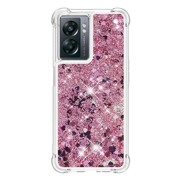YB Quicksand Series-1 para OnePlus Nord N300 5G / Oppo A57 (2022) 5G / A77 5G / Realme Q5i / Narzo 50 5G / V23 5G Capa de Telefone com Flutuação de Glitter Quicksand Capa Macia de TPU - Ouro Rosa / Corações