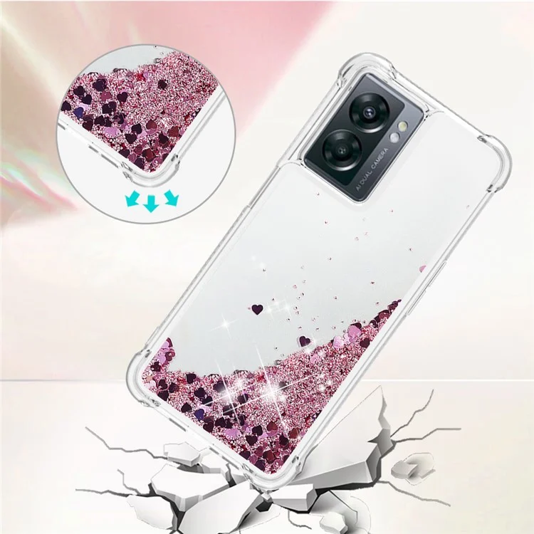 YB Quicksand Series-1 para OnePlus Nord N300 5G / Oppo A57 (2022) 5G / A77 5G / Realme Q5i / Narzo 50 5G / V23 5G Capa de Telefone com Flutuação de Glitter Quicksand Capa Macia de TPU - Ouro Rosa / Corações
