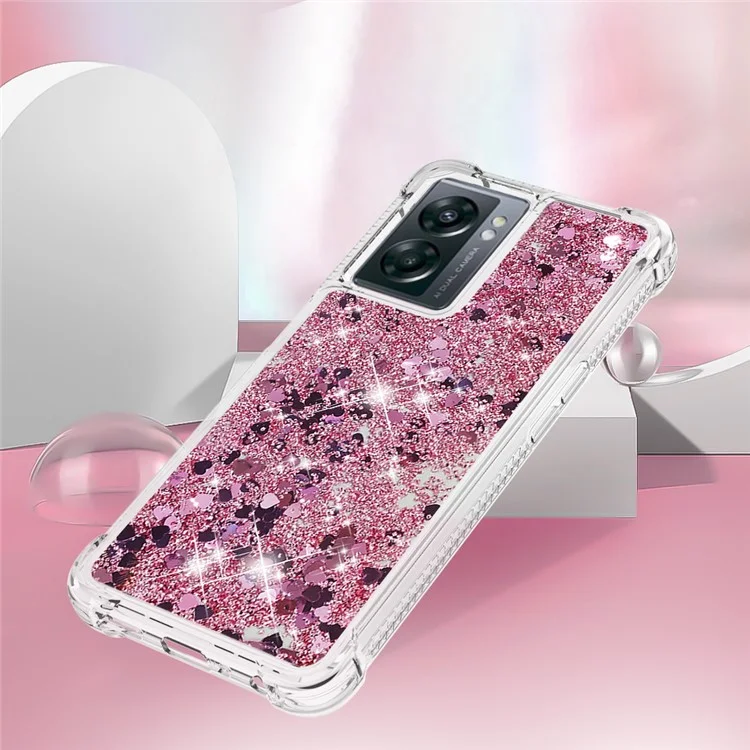 YB Quicksand Series-1 para OnePlus Nord N300 5G / Oppo A57 (2022) 5G / A77 5G / Realme Q5i / Narzo 50 5G / V23 5G Capa de Telefone com Flutuação de Glitter Quicksand Capa Macia de TPU - Ouro Rosa / Corações
