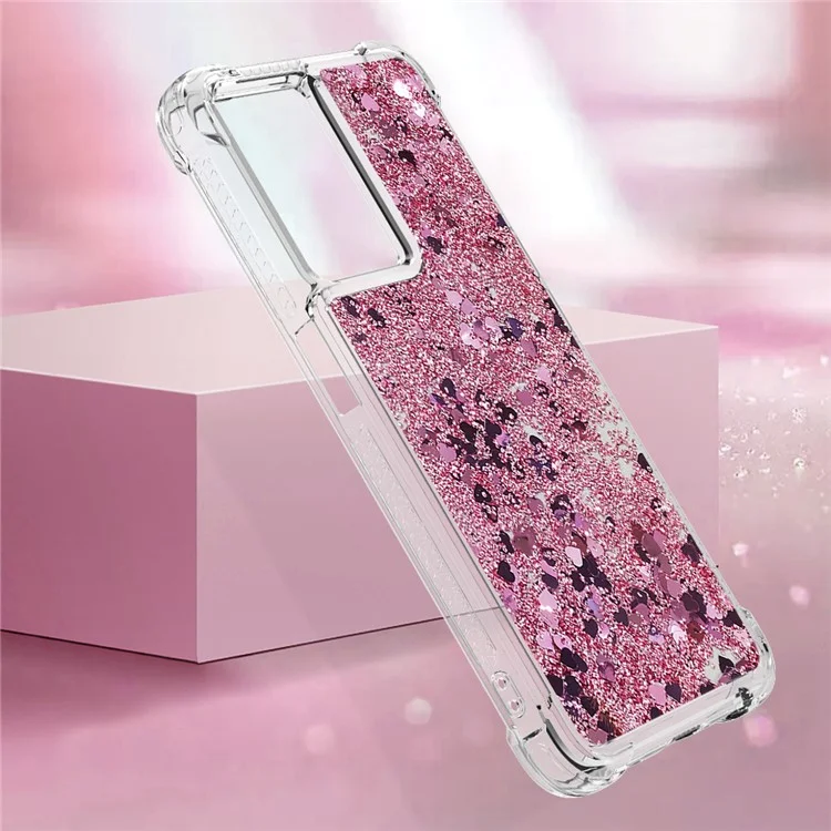 YB Quicksand Series-1 para OnePlus Nord N300 5G / Oppo A57 (2022) 5G / A77 5G / Realme Q5i / Narzo 50 5G / V23 5G Capa de Telefone com Flutuação de Glitter Quicksand Capa Macia de TPU - Ouro Rosa / Corações