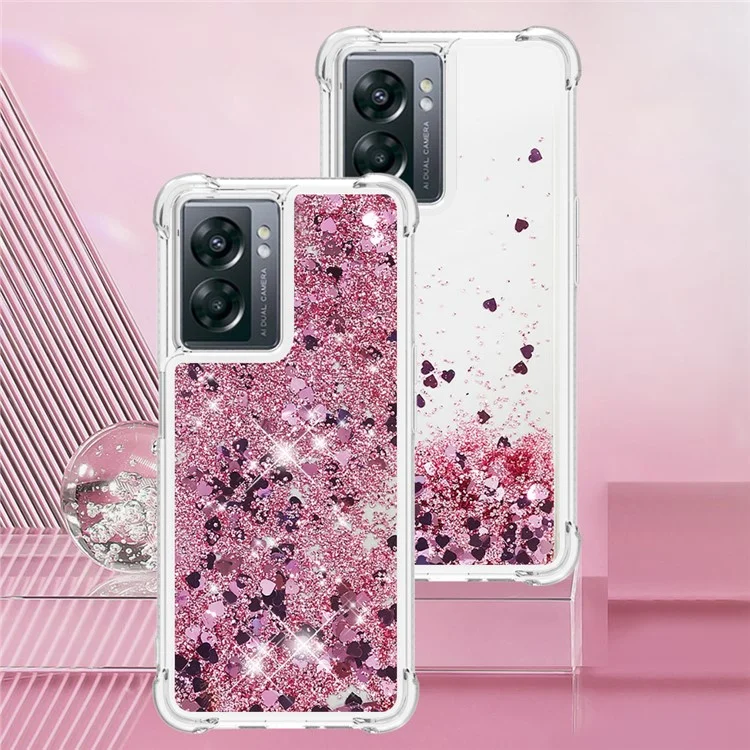 YB Quicksand Series-1 para OnePlus Nord N300 5G / Oppo A57 (2022) 5G / A77 5G / Realme Q5i / Narzo 50 5G / V23 5G Capa de Telefone com Flutuação de Glitter Quicksand Capa Macia de TPU - Ouro Rosa / Corações