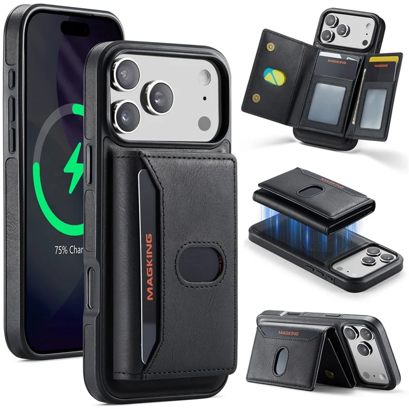 MAGKING K5 for iPhone 18 Pro Max / 17 Pro Max Case RFID Blocking 8 Card Holder PU Leather Phone Back Cover - Black