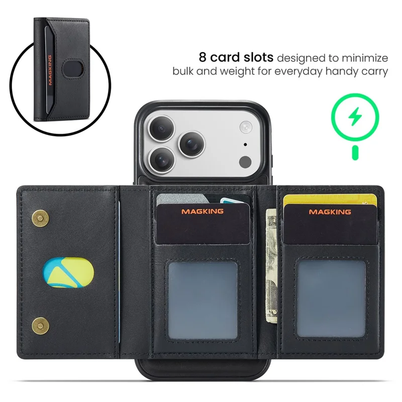 MAGKING K5 for iPhone 18 Pro Max / 17 Pro Max Case RFID Blocking 8 Card Holder PU Leather Phone Back Cover - Black