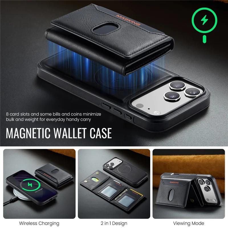 MAGKING K5 for iPhone 18 Pro Max / 17 Pro Max Case RFID Blocking 8 Card Holder PU Leather Phone Back Cover - Black