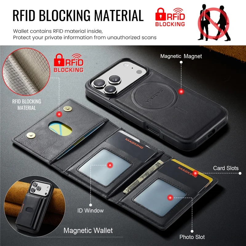 MAGKING K5 for iPhone 18 Pro Max / 17 Pro Max Case RFID Blocking 8 Card Holder PU Leather Phone Back Cover - Black