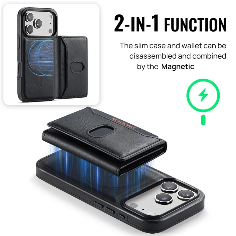 MAGKING K5 for iPhone 18 Pro / 17 Pro Case RFID Blocking 8 Card Holder PU Leather Phone Back Cover - Black