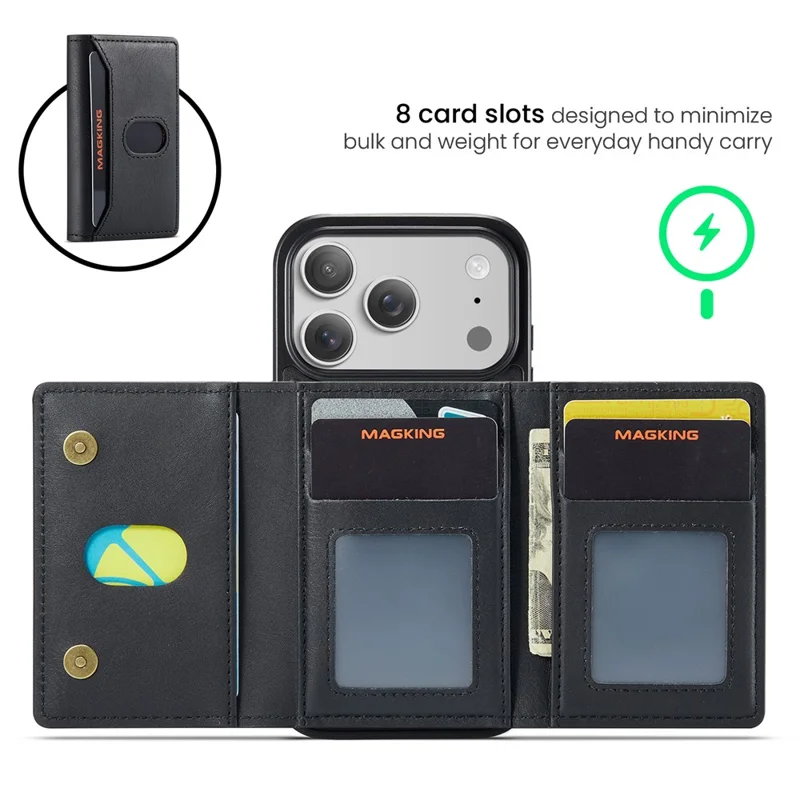 MAGKING K5 for iPhone 18 Pro / 17 Pro Case RFID Blocking 8 Card Holder PU Leather Phone Back Cover - Black