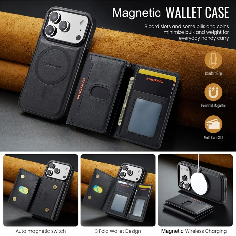 MAGKING K5 for iPhone 18 Pro / 17 Pro Case RFID Blocking 8 Card Holder PU Leather Phone Back Cover - Black