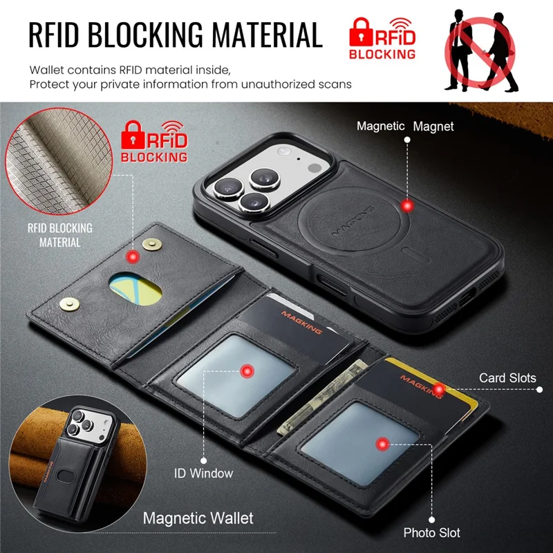 MAGKING K5 for iPhone 18 Pro / 17 Pro Case RFID Blocking 8 Card Holder PU Leather Phone Back Cover - Black