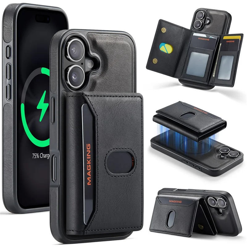 MAGKING K5 for iPhone 18 / 17 Case RFID Blocking 8 Card Holder PU Leather Phone Back Cover - Black - 1
