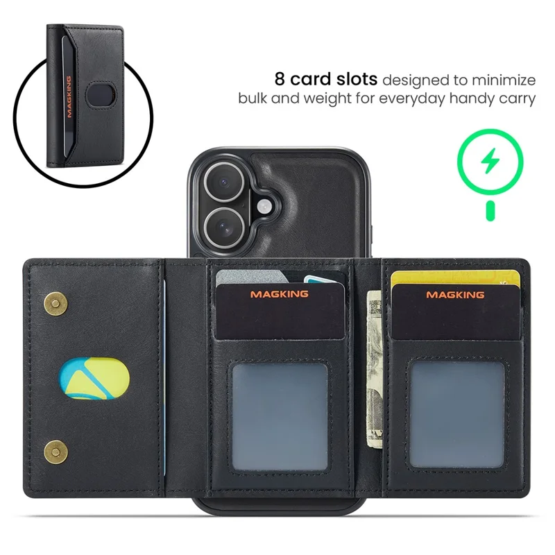 MAGKING K5 for iPhone 18 / 17 Case RFID Blocking 8 Card Holder PU Leather Phone Back Cover - Black - 10