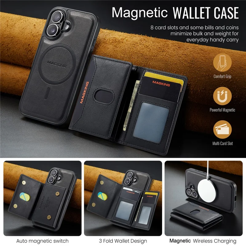 MAGKING K5 for iPhone 18 / 17 Case RFID Blocking 8 Card Holder PU Leather Phone Back Cover - Black - 12