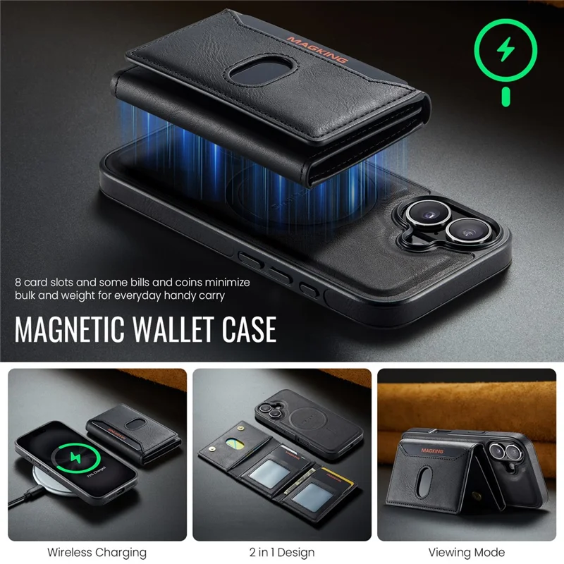 MAGKING K5 voor iPhone 18 / 17 Hoesje met RFID-blokkering, 8-kaartenhouder, PU-leer telefoonhoes - Zwart