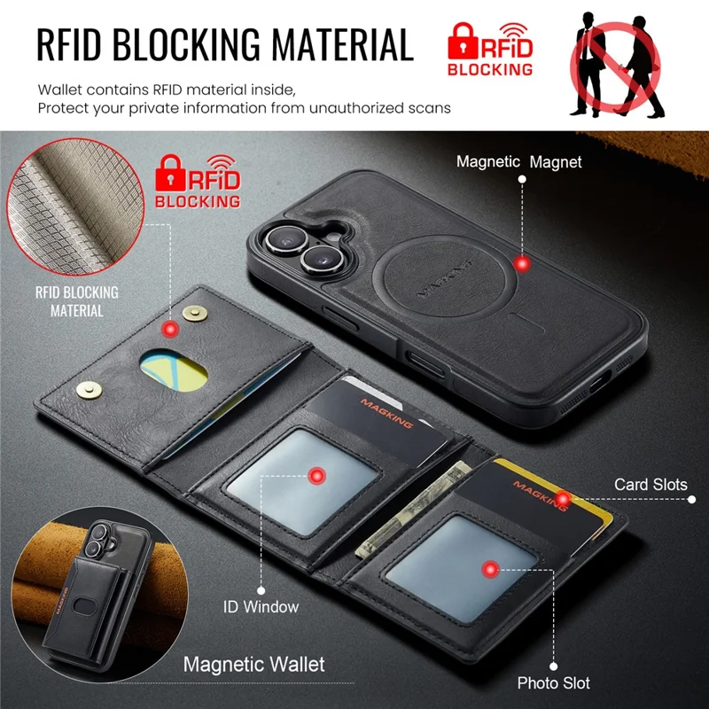 MAGKING K5 voor iPhone 18 / 17 Hoesje met RFID-blokkering, 8-kaartenhouder, PU-leer telefoonhoes - Zwart