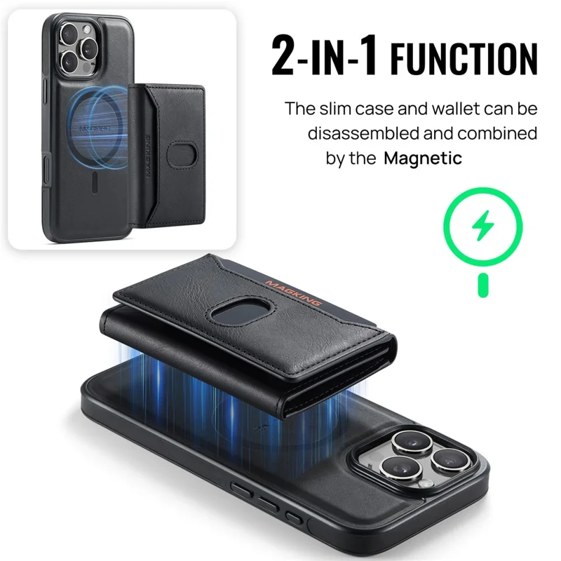 MAGKING K5 for iPhone 16 Pro Case RFID Blocking 8 Card Holder PU Leather Phone Back Cover - Black