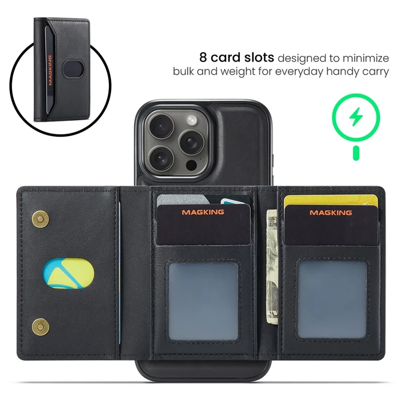 MAGKING K5 for iPhone 16 Pro Case RFID Blocking 8 Card Holder PU Leather Phone Back Cover - Black