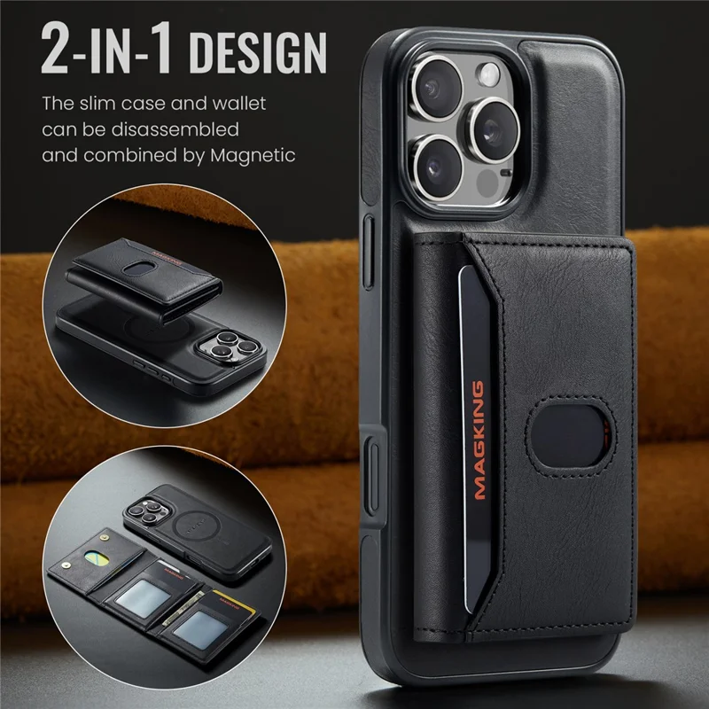 MAGKING K5 for iPhone 16 Pro Case RFID Blocking 8 Card Holder PU Leather Phone Back Cover - Black