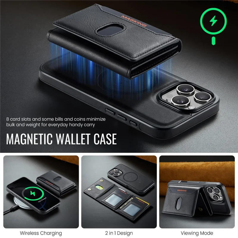 MAGKING K5 for iPhone 16 Pro Case RFID Blocking 8 Card Holder PU Leather Phone Back Cover - Black