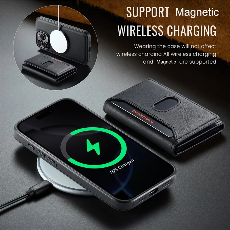 MAGKING K5 for iPhone 16 Pro Case RFID Blocking 8 Card Holder PU Leather Phone Back Cover - Black