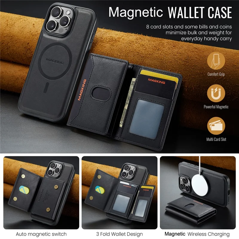 MAGKING K5 for iPhone 16 Pro Max Case RFID Blocking 8 Card Holder PU Leather Phone Back Cover - Black