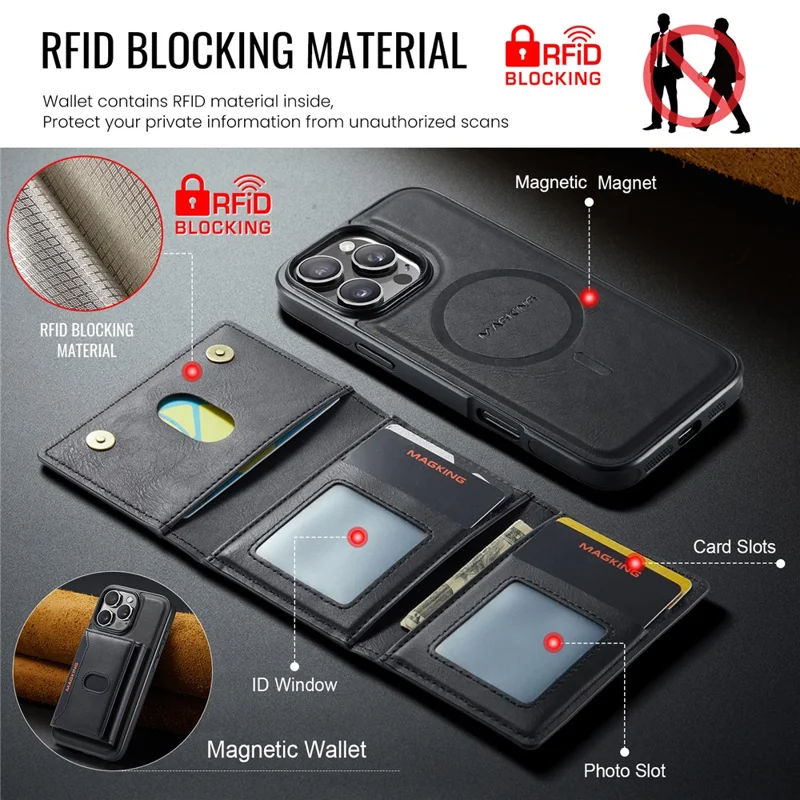 MAGKING K5 for iPhone 16 Pro Max Case RFID Blocking 8 Card Holder PU Leather Phone Back Cover - Black