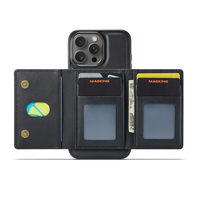 MAGKING K5 for iPhone 16 Pro Max Case RFID Blocking 8 Card Holder PU Leather Phone Back Cover - Black
