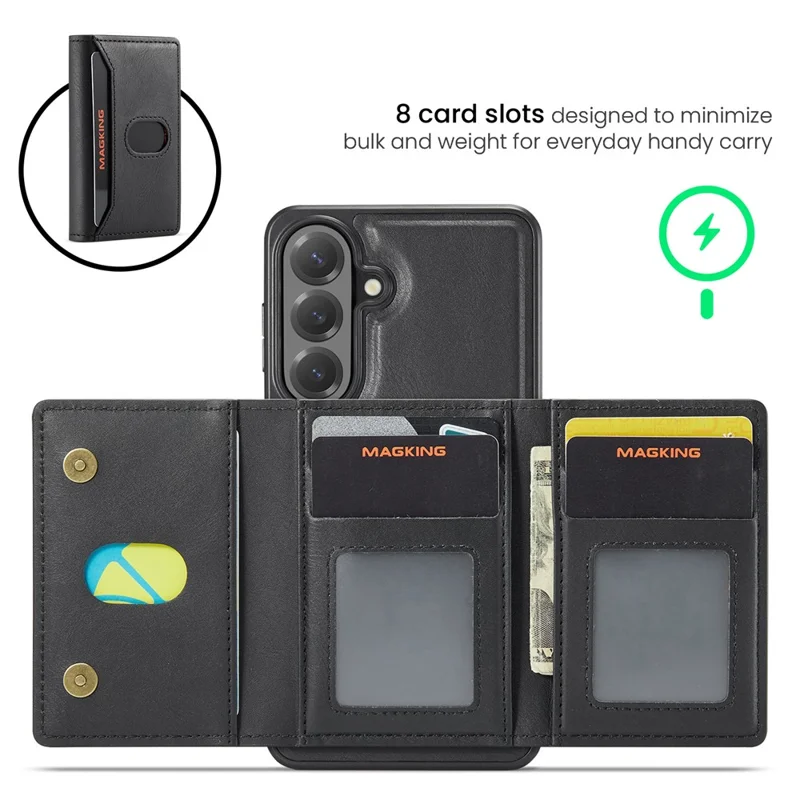 MAGKING K5 for Samsung Galaxy S26 FE Case RFID Blocking 8 Card Holder PU Leather Phone Back Cover - Black