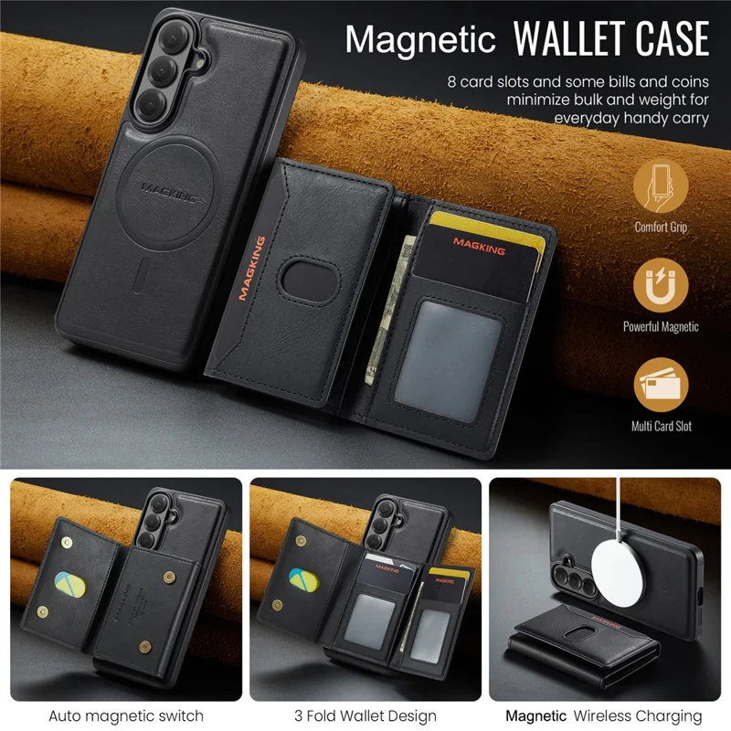 MAGKING K5 for Samsung Galaxy S26 FE Case RFID Blocking 8 Card Holder PU Leather Phone Back Cover - Black