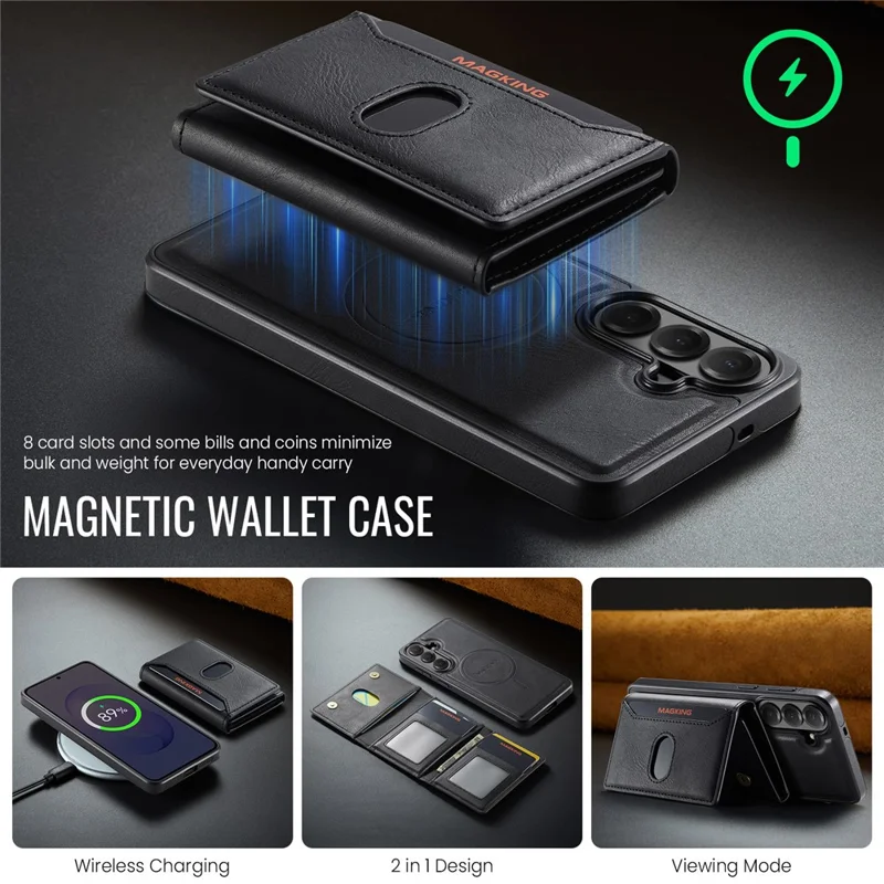 MAGKING K5 for Samsung Galaxy S26 FE Case RFID Blocking 8 Card Holder PU Leather Phone Back Cover - Black