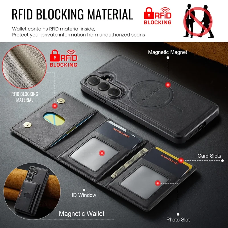 MAGKING K5 for Samsung Galaxy S26 FE Case RFID Blocking 8 Card Holder PU Leather Phone Back Cover - Black