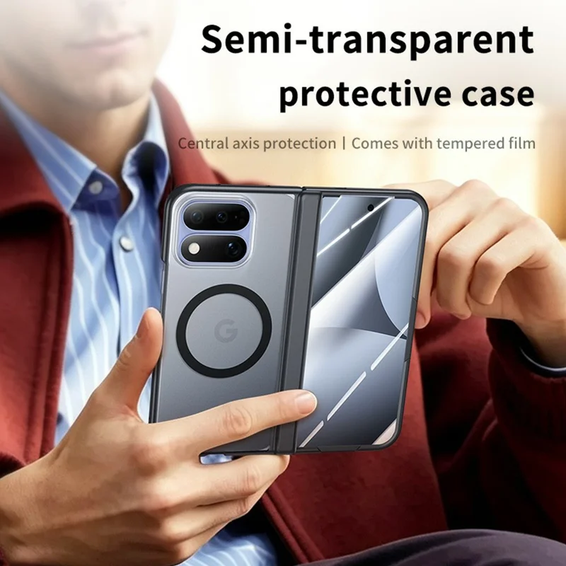 For Google Pixel 11 Pro Fold Magnetic Case Matte Hinge Hard PC Phone Cover Built-in HD Tempered Glass Screen Protector - Black