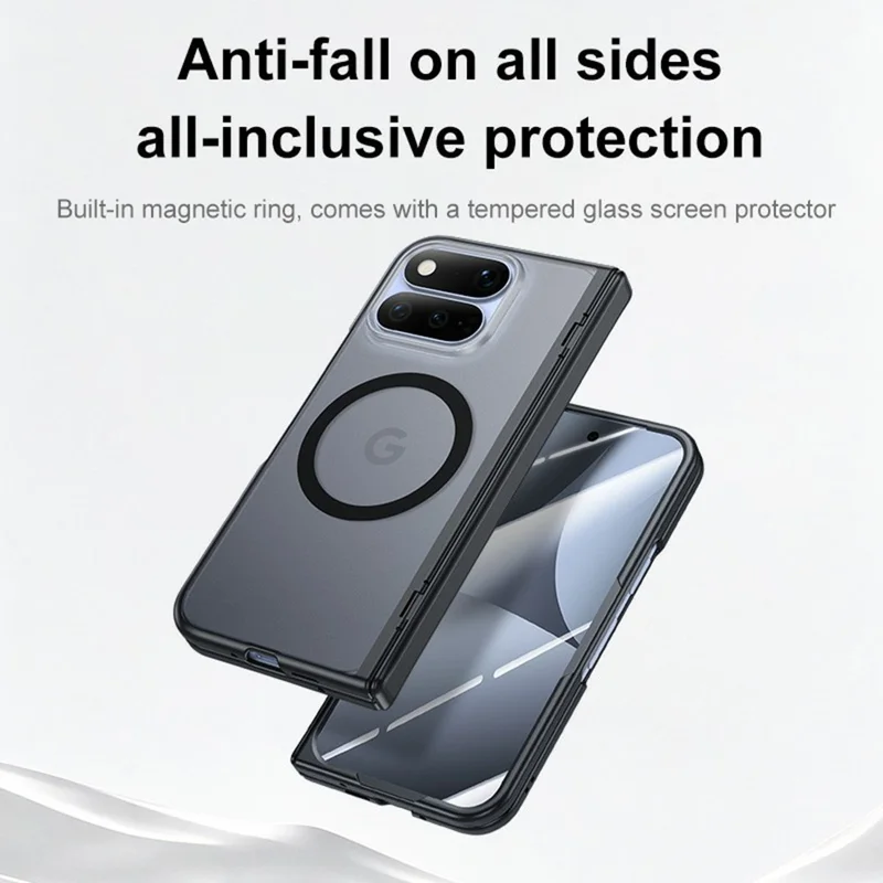 For Google Pixel 11 Pro Fold Magnetic Case Matte Hinge Hard PC Phone Cover Built-in HD Tempered Glass Screen Protector - Black