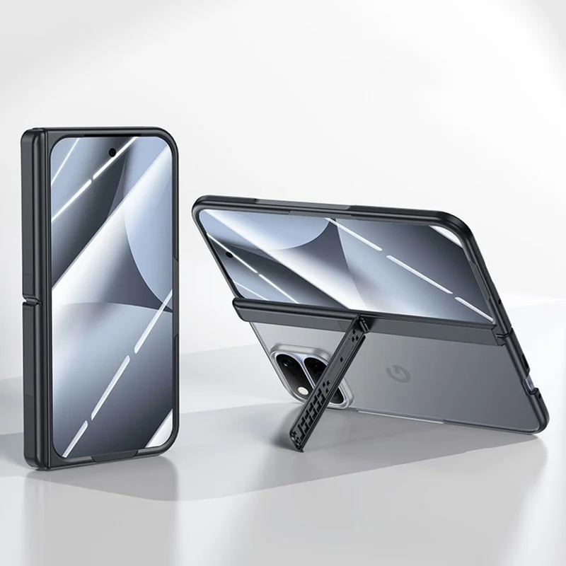 For Google Pixel 11 Pro Fold Case Matte Hinge Kickstand Anti-drop PC Phone Cover Built-in HD Tempered Glass Screen Protector - Black
