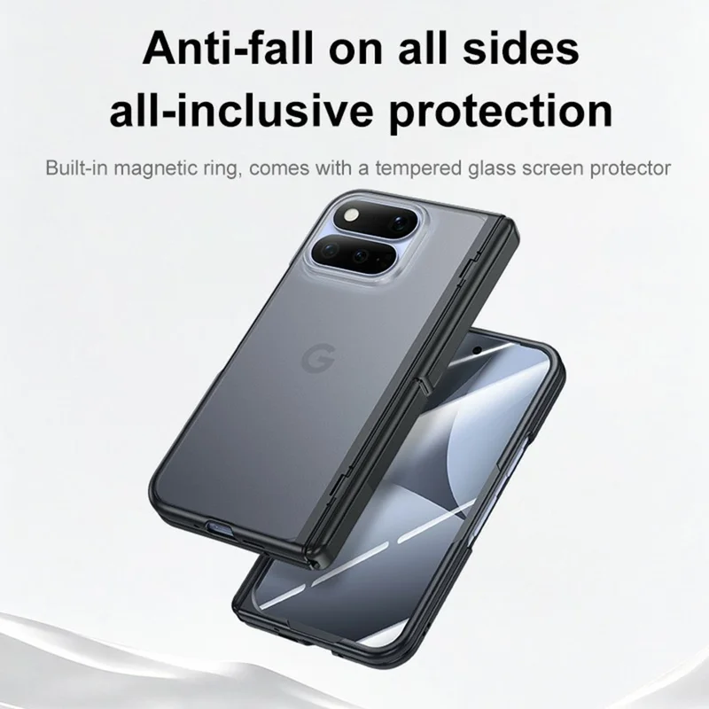 For Google Pixel 11 Pro Fold Case Matte Hinge Kickstand Anti-drop PC Phone Cover Built-in HD Tempered Glass Screen Protector - Black