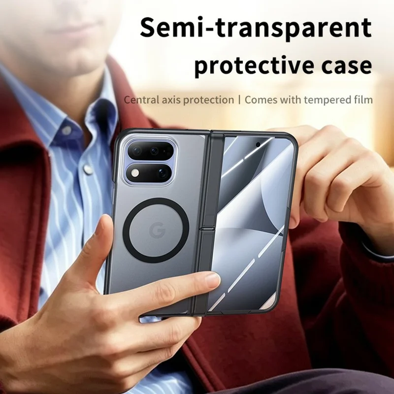 For Google Pixel 11 Pro Fold Magnetic Case Hinge Kickstand Anti-drop PC Phone Cover Built-in HD Tempered Glass Screen Protector - Black