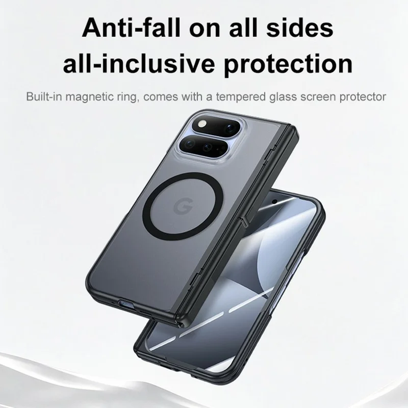 For Google Pixel 11 Pro Fold Magnetic Case Hinge Kickstand Anti-drop PC Phone Cover Built-in HD Tempered Glass Screen Protector - Black