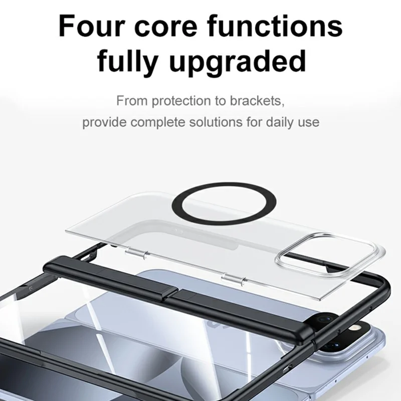 For Google Pixel 11 Pro Fold Magnetic Case Hinge Kickstand Anti-drop PC Phone Cover Built-in HD Tempered Glass Screen Protector - Black