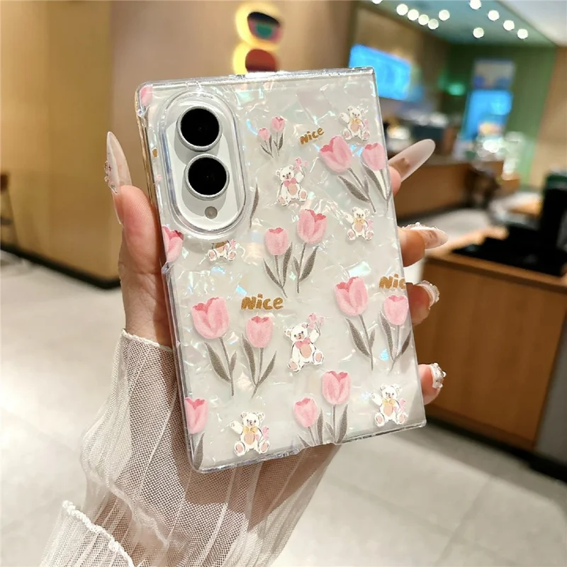 For Samsung Galaxy Z Fold8 Phone Case Shell Texture IML Tulip Pattern Printing PC Hard Cover - Tulip / Bear