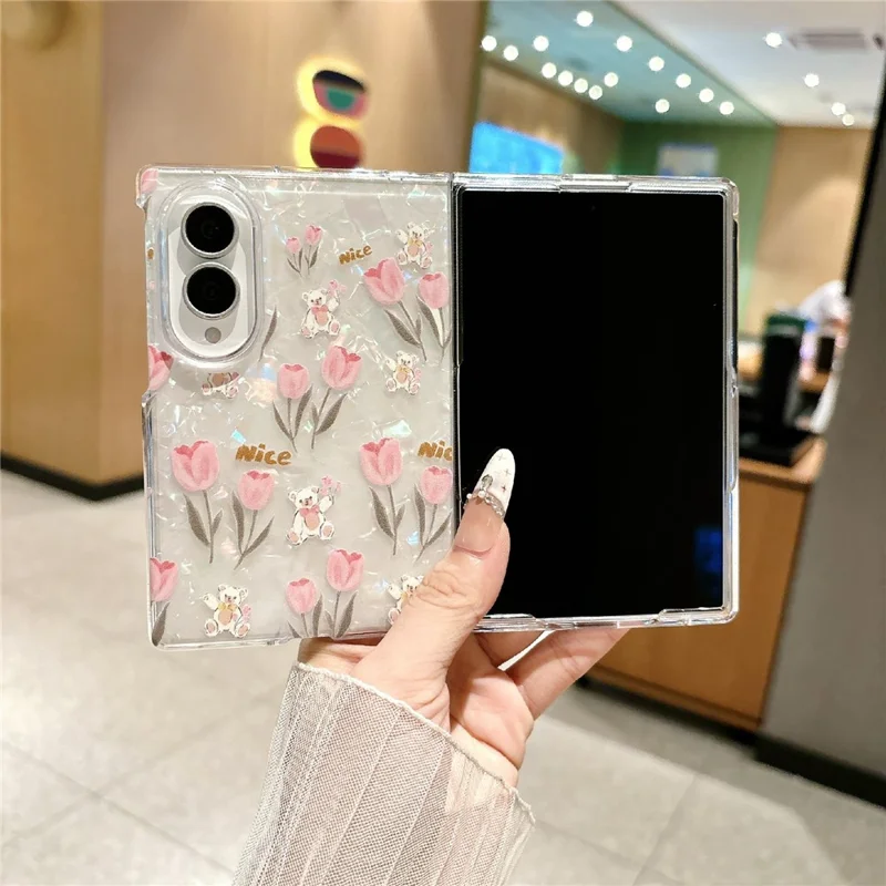 For Samsung Galaxy Z Fold8 Phone Case Shell Texture IML Tulip Pattern Printing PC Hard Cover - Tulip / Bear