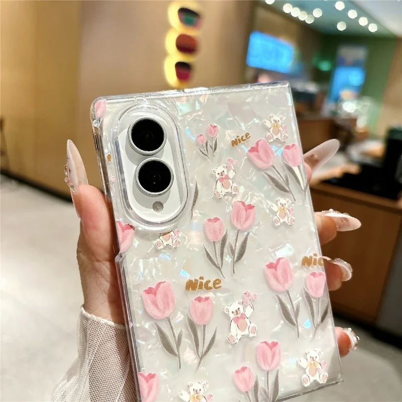 For Samsung Galaxy Z Fold8 Phone Case Shell Texture IML Tulip Pattern Printing PC Hard Cover - Tulip / Bear