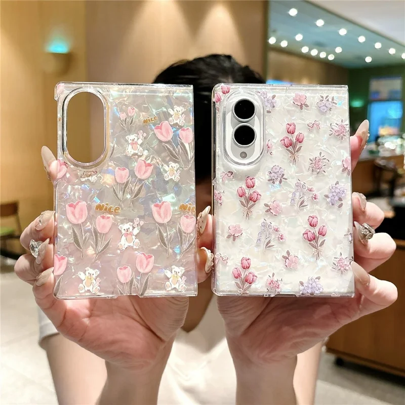 For Samsung Galaxy Z Fold8 Phone Case Shell Texture IML Tulip Pattern Printing PC Hard Cover - Tulip / Bear