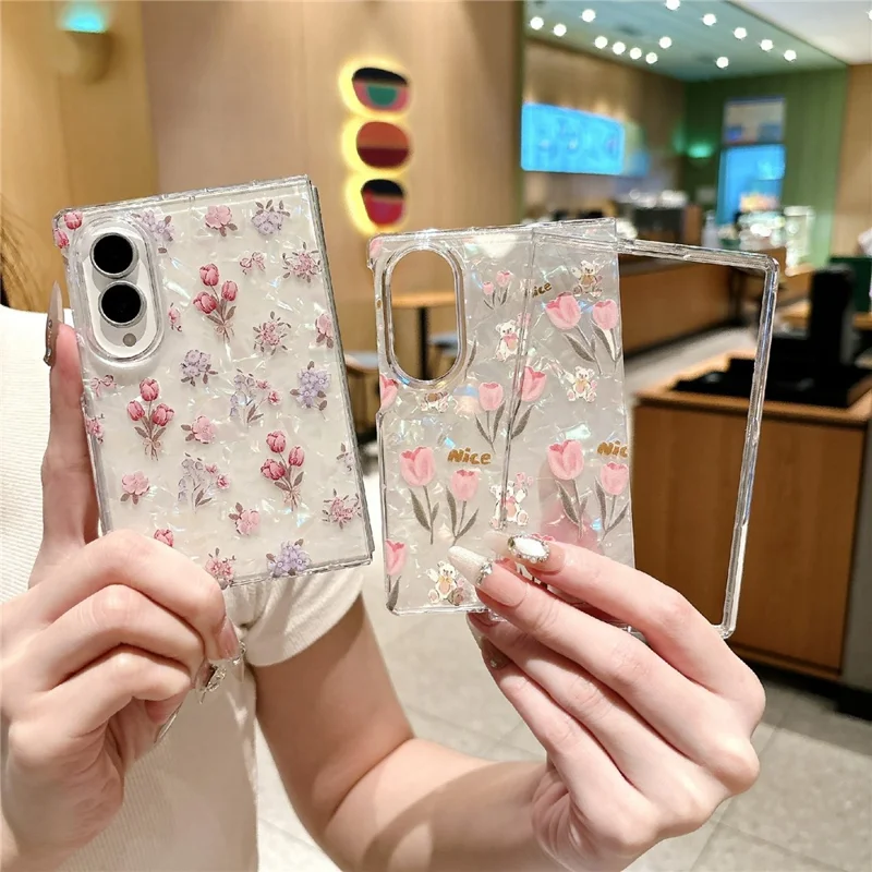 For Samsung Galaxy Z Fold8 Phone Case Shell Texture IML Tulip Pattern Printing PC Hard Cover - Tulip / Bear