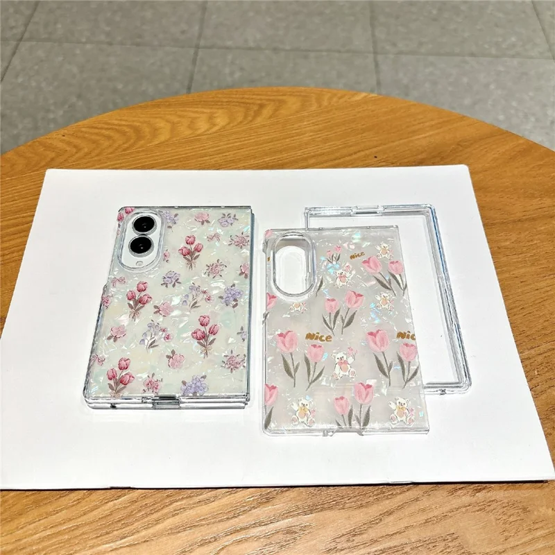 For Samsung Galaxy Z Fold8 Phone Case Shell Texture IML Tulip Pattern Printing PC Hard Cover - Tulip / Bear