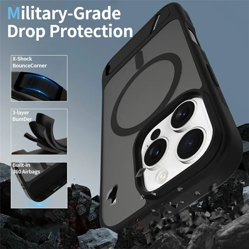 For iPhone 16 Pro Max Magnetic Case Kickstand PC + TPU Skin Touch Phone Cover - Black
